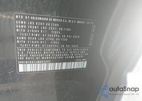 2020 Volkswagen Tiguan 2.0T S z USA, uszkodzony, nr VIN 3VV1B7AX1LM053392